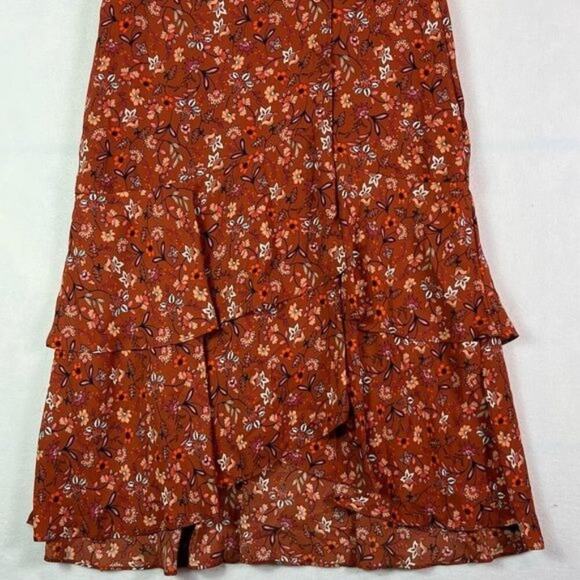 Nanette Lepore Dress Women's 8 Brown Rust Floral Tiered Wrap Front Breezy Maxi - Picture 9 of 14